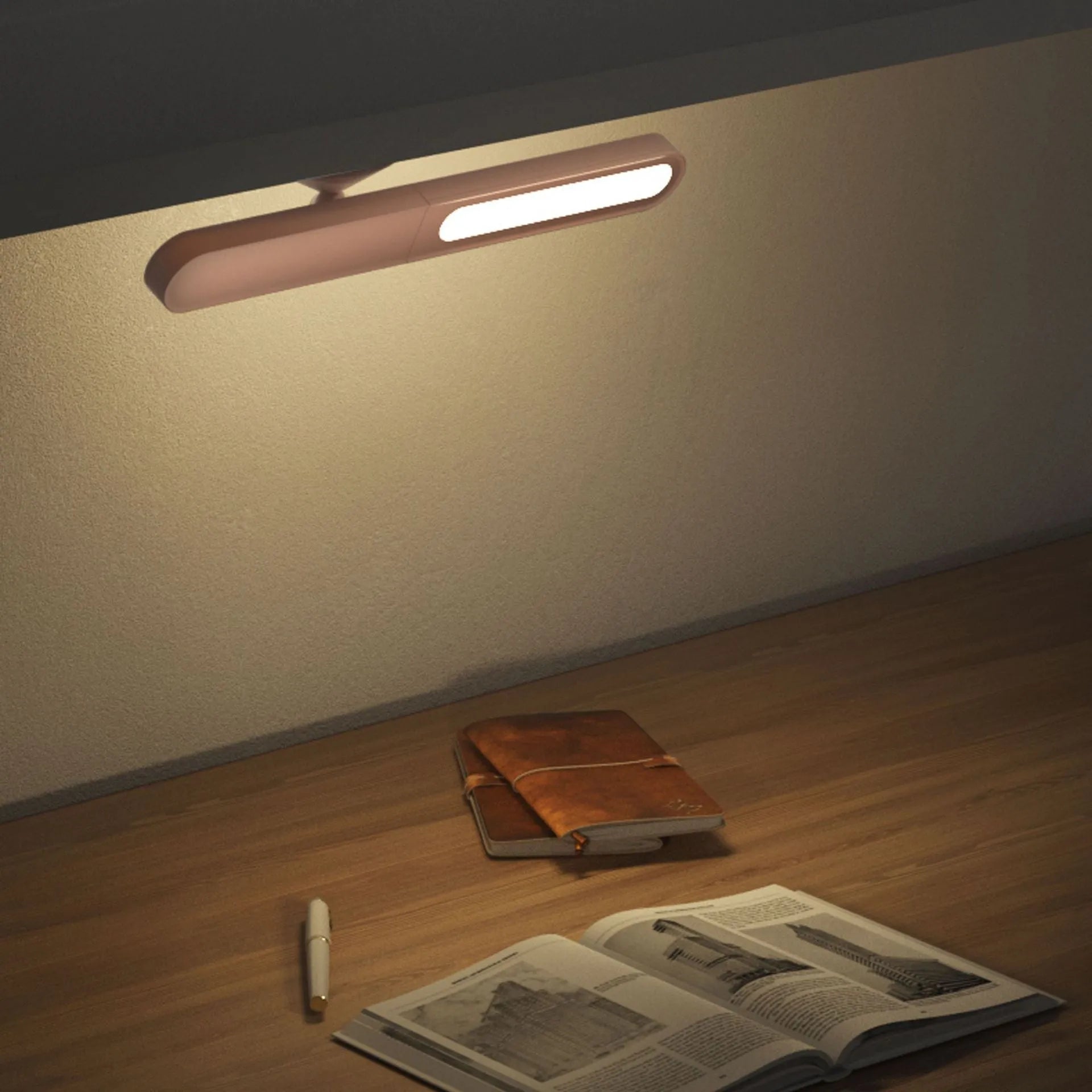Geometric desk lamp with magnetic base shown in khaki colour with touch control