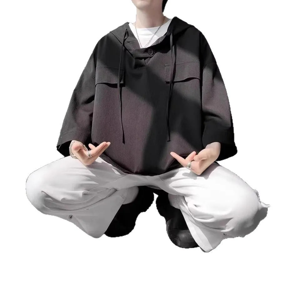 Men's loose fit hooded short sleeve t-shirt in polyester pullover style for summer casual wear