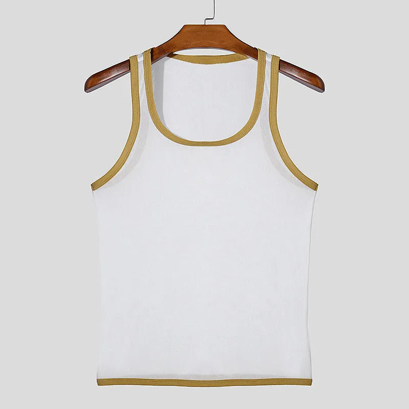 Men's fitness tight mesh style vest in solid colour with straight hem, white or black