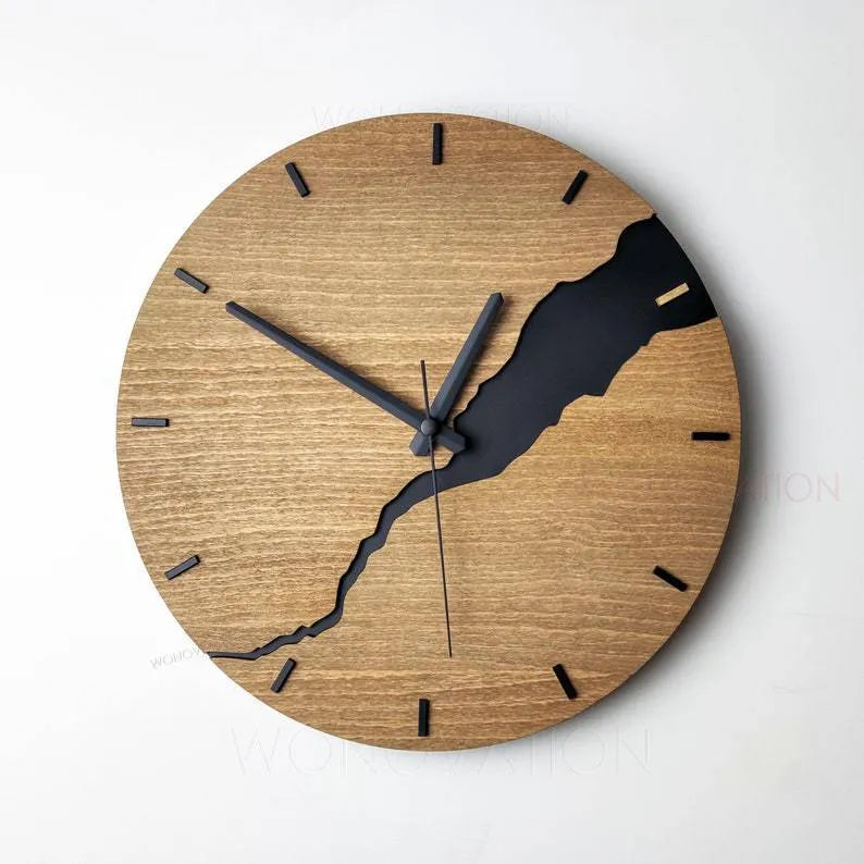 Modern wooden wall clock with creative crack pattern design in colour option