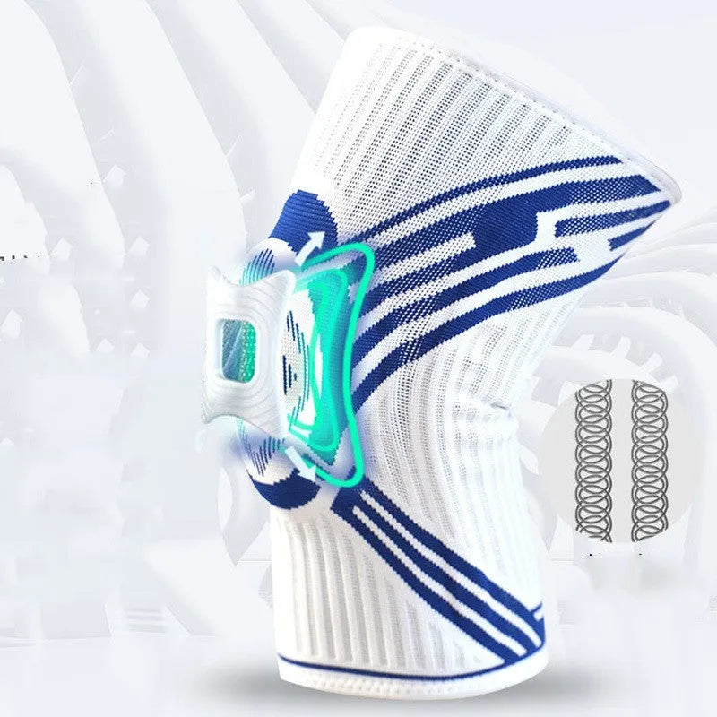Adult elastic cotton knee pad for sports in blue, shown on a knee.