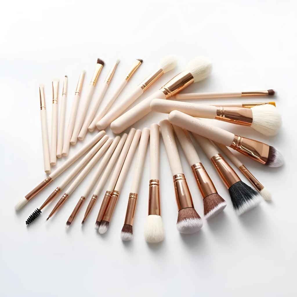 26 pink makeup brushes with wooden handles displayed in a PU storage case.