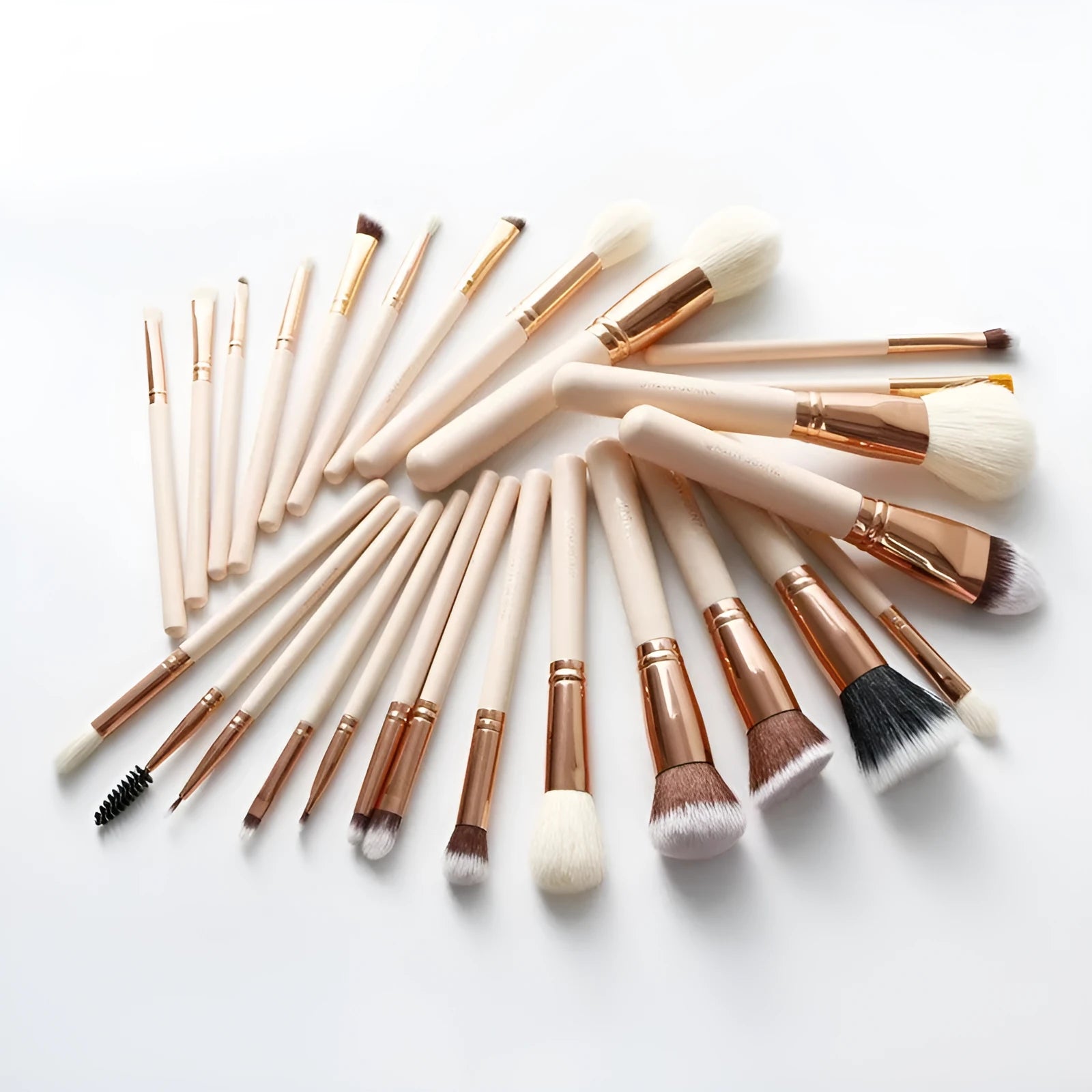 26 pink makeup brushes with wooden handles displayed in a PU storage case.