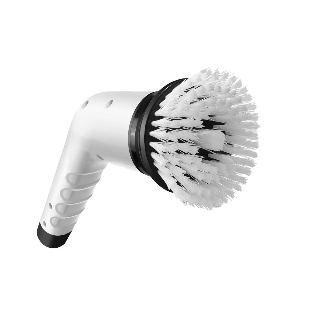 White rechargeable handheld cleaning ball appliance with cleaning brush on a white background