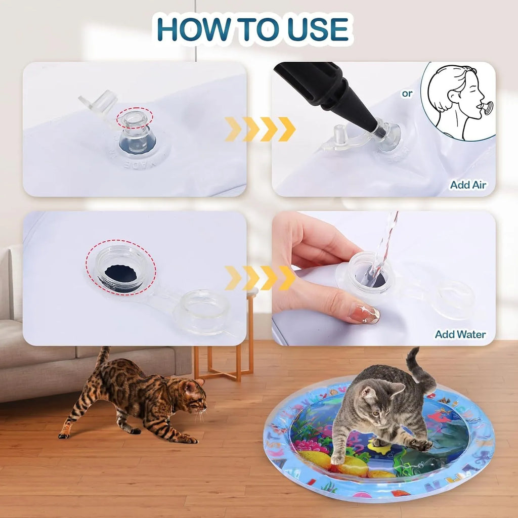 A square, blue water sensory playmat for cats on a floor, showing floating fish toys inside the clear water-filled centre.