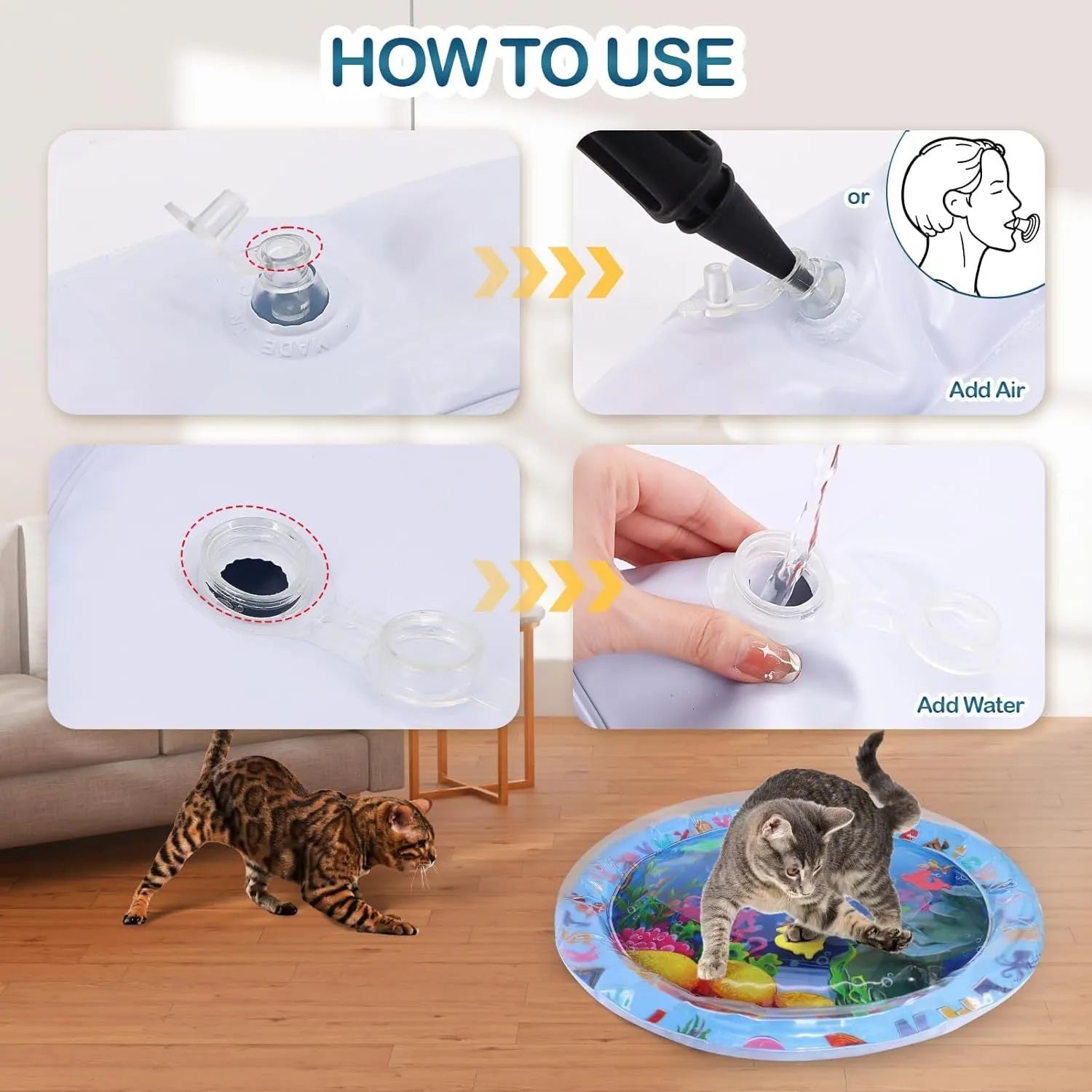 A square, blue water sensory playmat for cats on a floor, showing floating fish toys inside the clear water-filled centre.