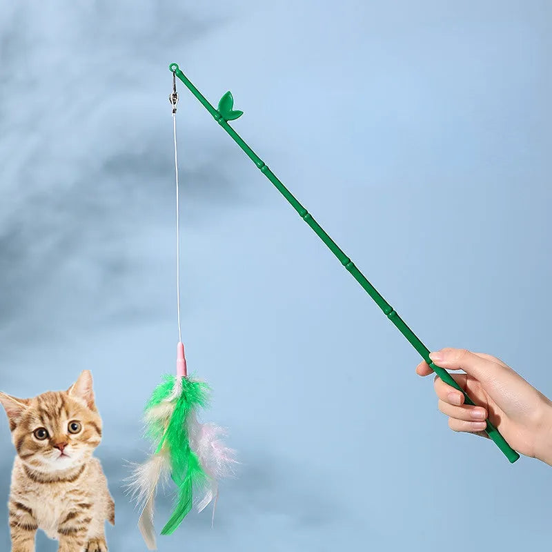 Green interactive cat feather wand with bells and feathers, durable play toy