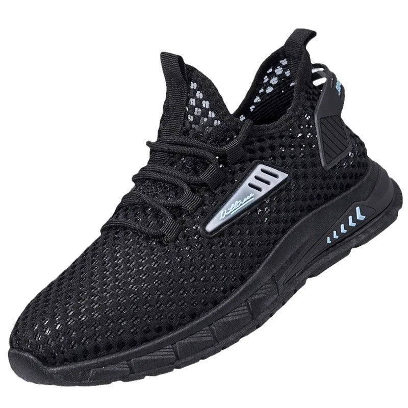 Men's beige mesh sneakers with synthetic leather upper and lace-up front on a white background
