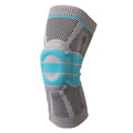 Sky blue silicone knee pad for sports, shown with elastic fibre strap and protective knee section.