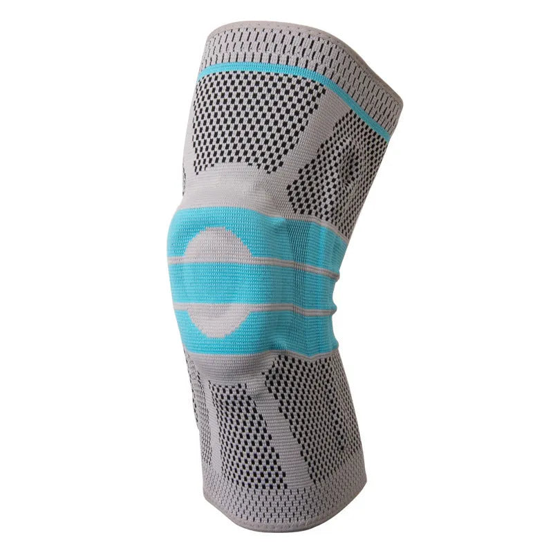 Sky blue silicone knee pad for sports, shown with elastic fibre strap and protective knee section.
