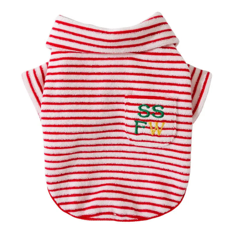 Red striped two-legged fleece pet clothing for small to medium dogs and cats