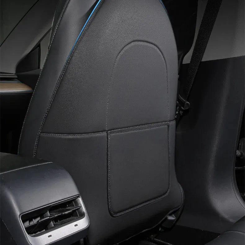 Black leather car seat kick pad measuring 68cm by 42cm, shown as a rear seat protector.