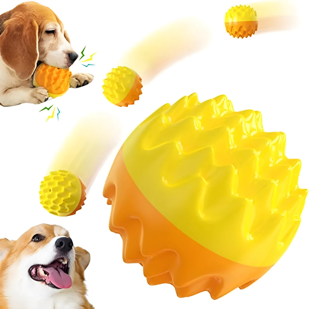 Blue and orange squeaky rubber dog ball with spiky dental cleaning bumps for aggressive chewers