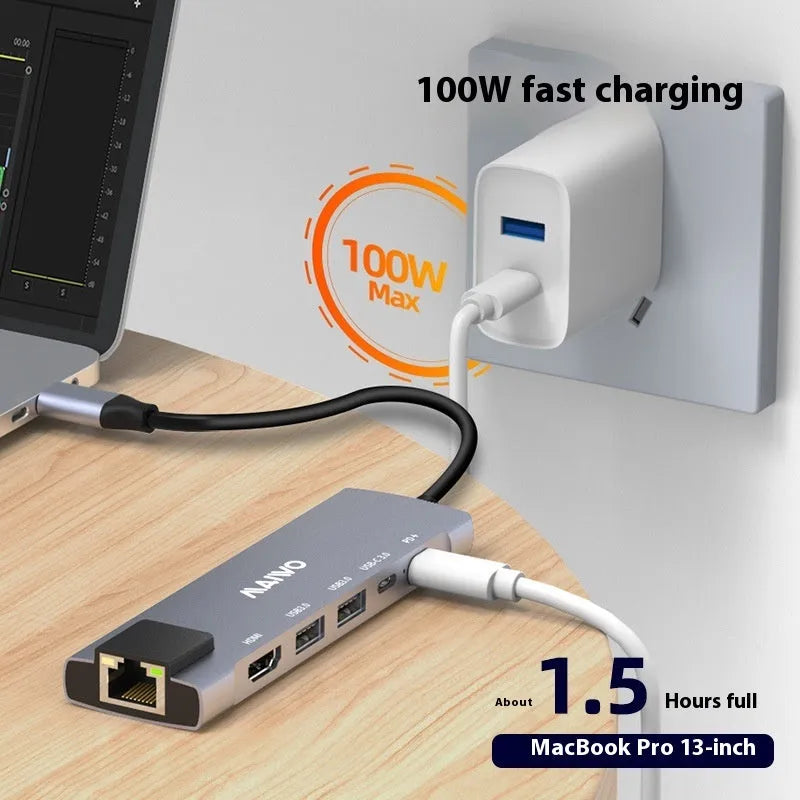 Aluminium Steam Deck six-in-one docking station with HDMI, Ethernet, and USB ports on a 15cm cable.