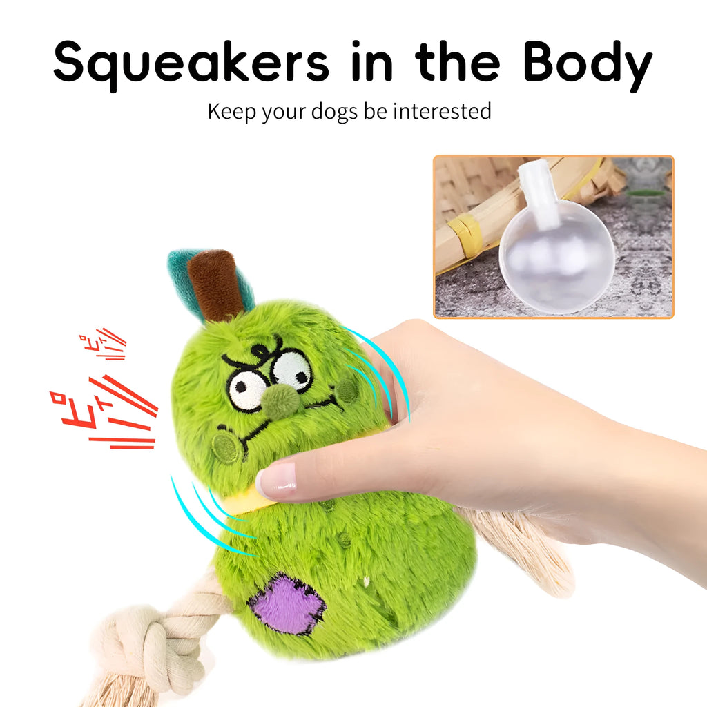 Green interactive dog plush rope knot tug toy with molar tooth chew centre on a white background.