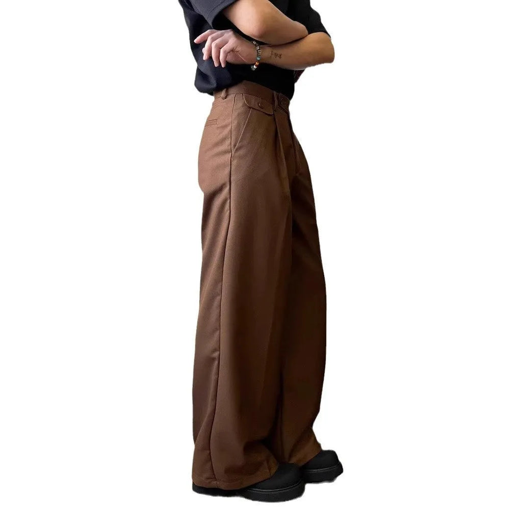 Men's brown straight-leg wide-cut casual trousers with draping silhouette