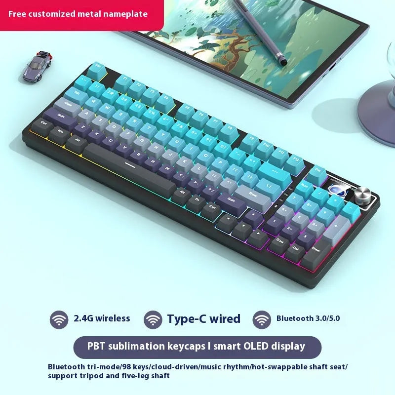 98 key wireless Bluetooth mechanical keyboard with display screen and metal knob