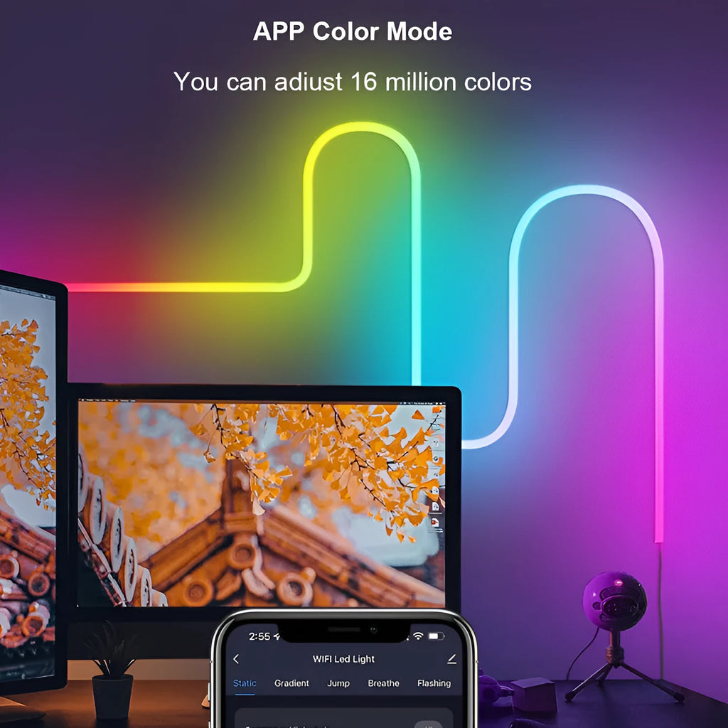 3 metre LED neon light strip with remote control demonstrating colour changing capabilities