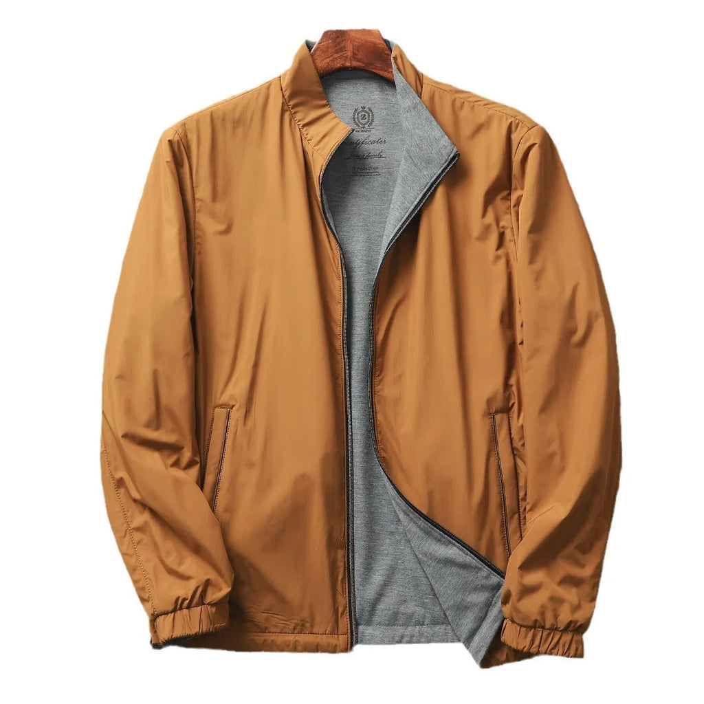 Men's stand collar casual jacket in army green, shown on a model, featuring a simple design with a cotton-lined interior.