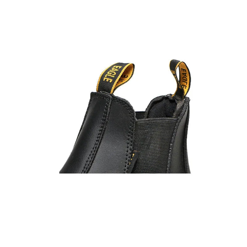 Black leather high-top safety work boots with steel toecap for anti-piercing protection.