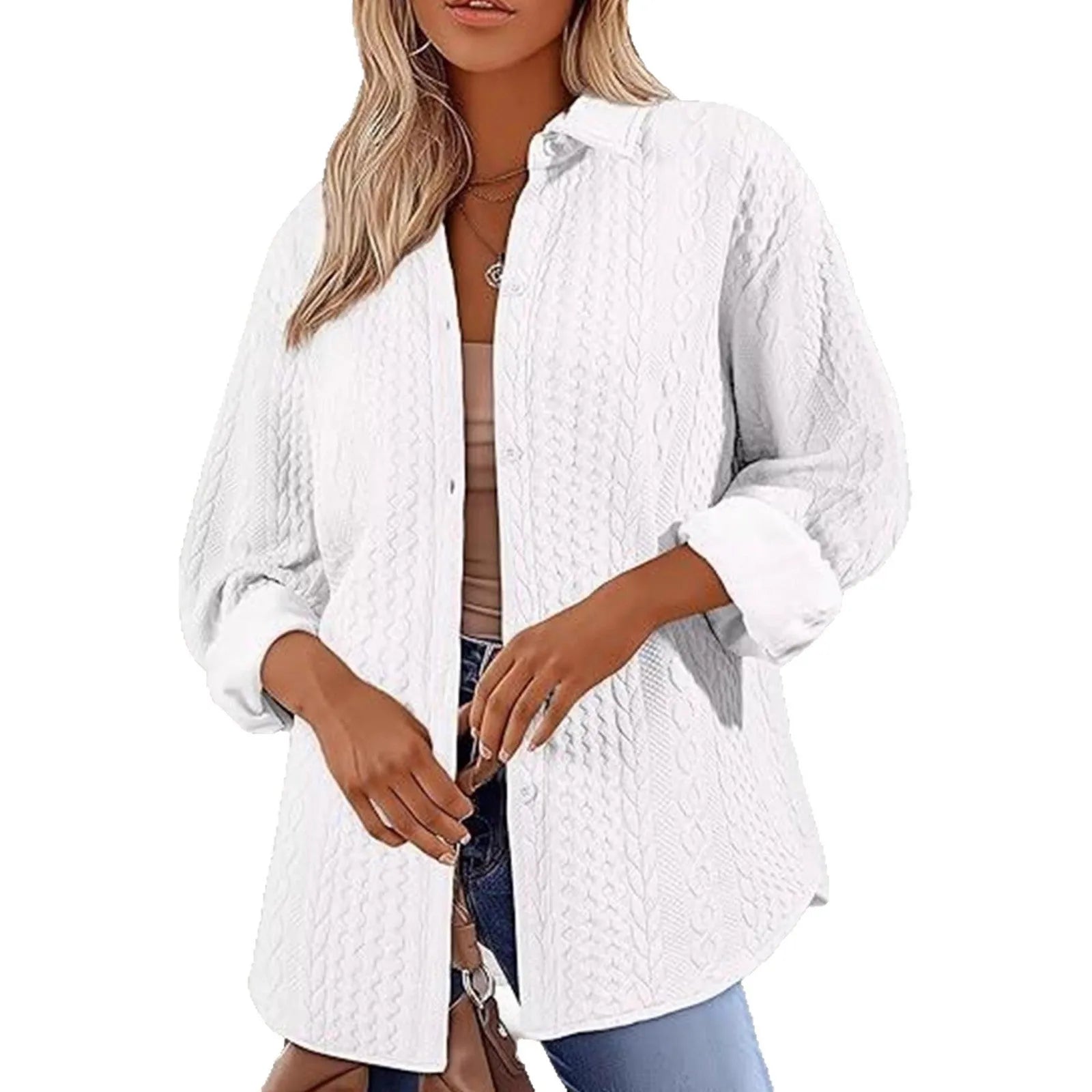 Women's solid colour long-sleeved knitted cardigan sweater shown in black, white, and khaki options