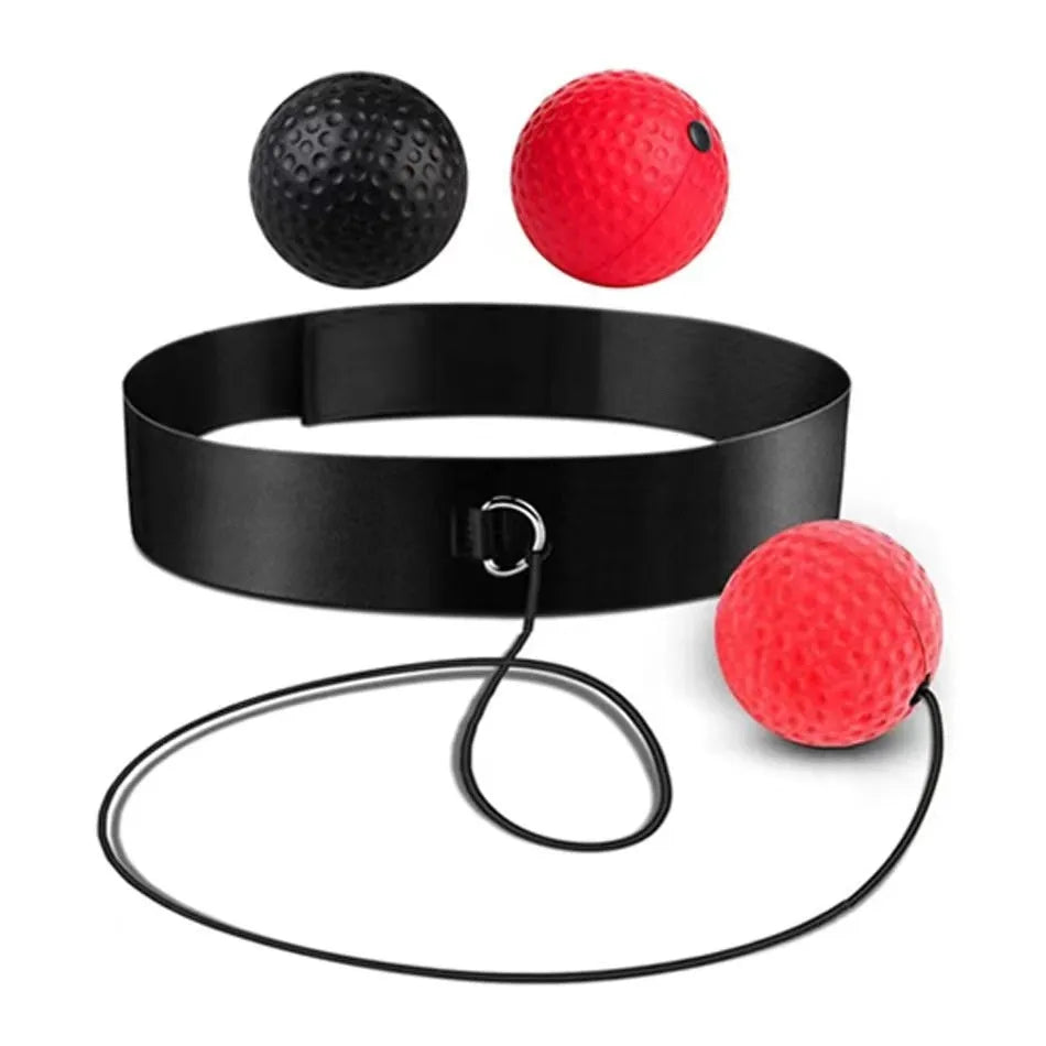 Head-mounted boxing reaction training ball set with adjustable headbands and multiple coloured balls including red PU, black PU, and fluorescent green.