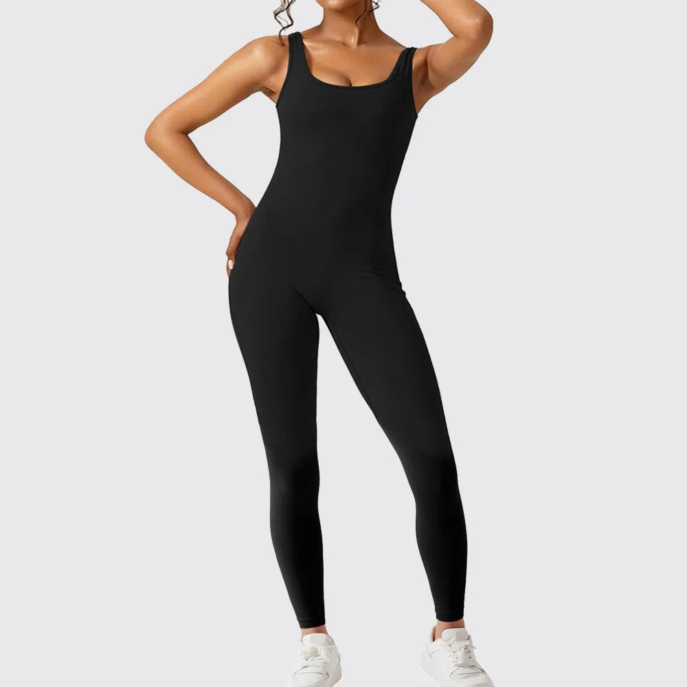 Women's sleeveless flare jumpsuit for fitness and yoga in high elasticity polyester fabric