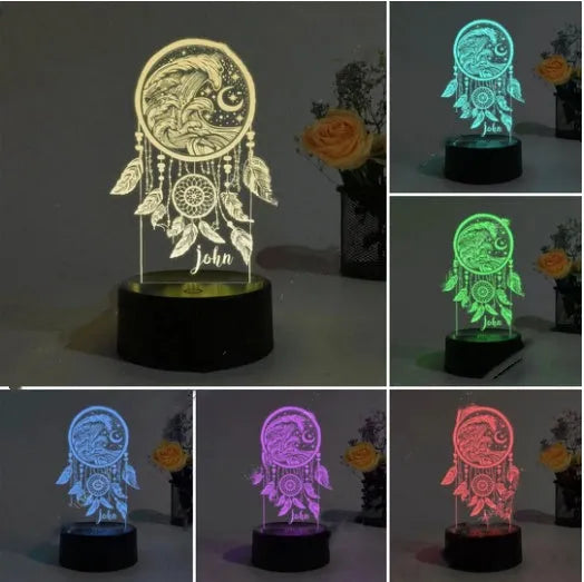Custom dream catcher night light with acrylic shade and remote control on black base