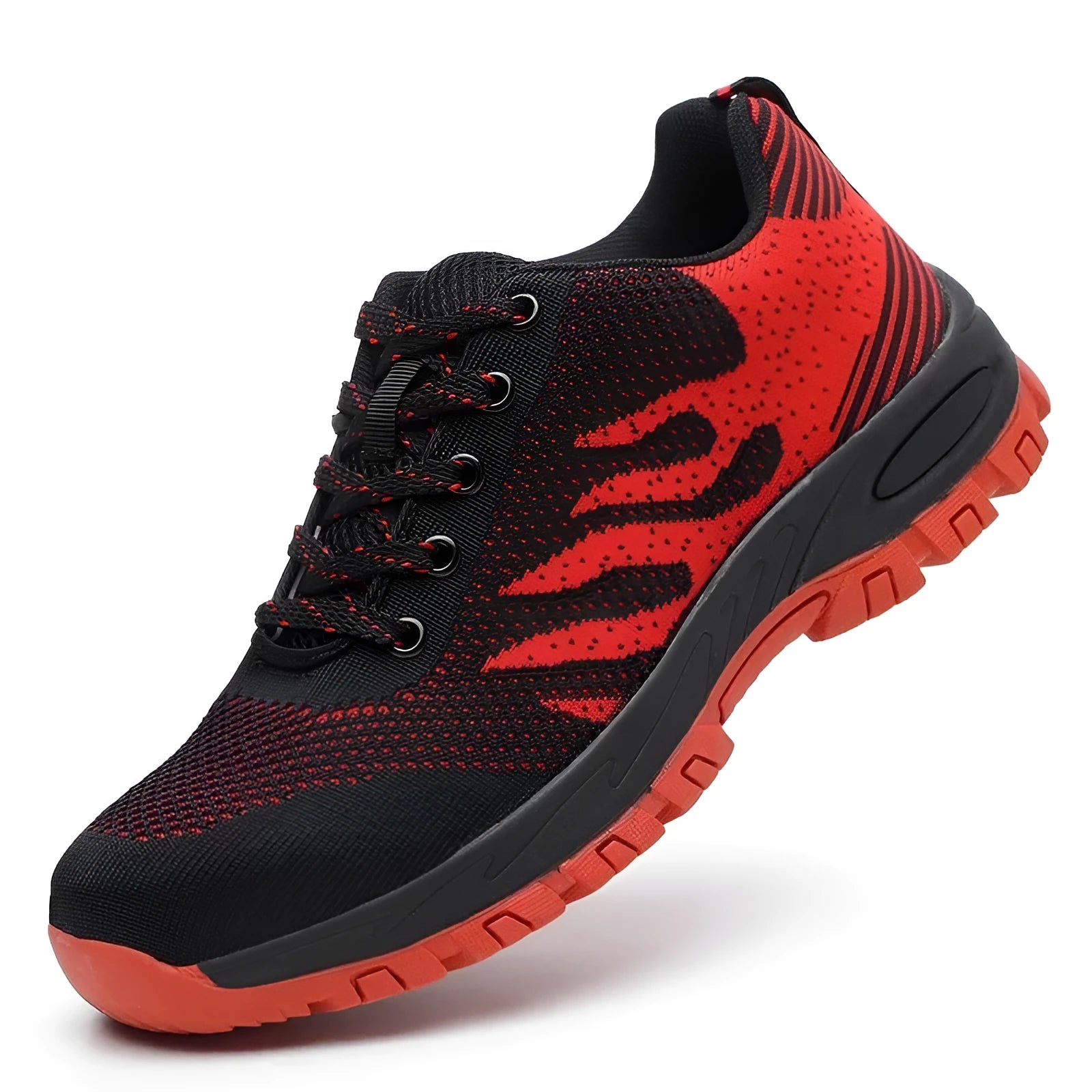 Red low-top safety shoes with mesh upper and steel toe cap on a white background