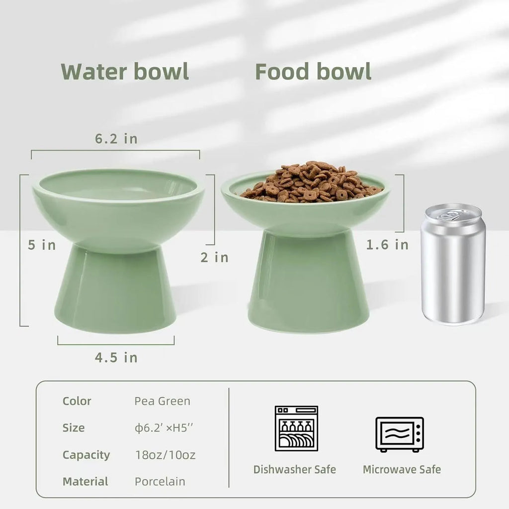 Ceramic elevated cat food bowl in blue, showing wide shallow dish on raised base.
