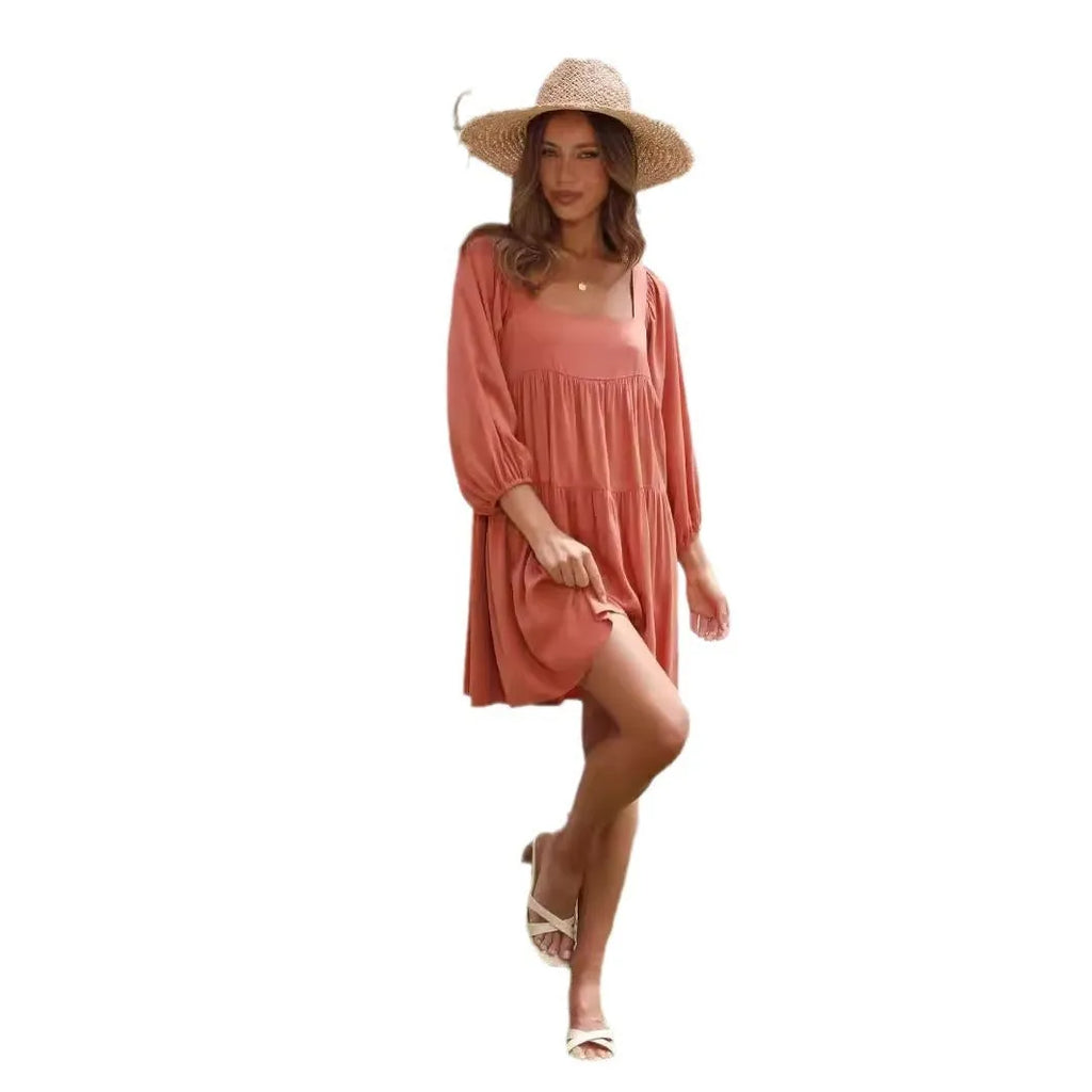 Children's square collar puff sleeve backless dress in orange with A-line skirt