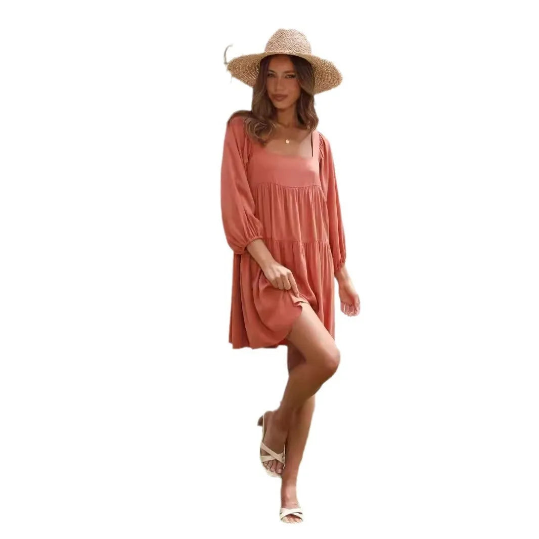 Children's square collar puff sleeve backless dress in orange with A-line skirt