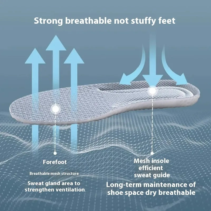Breathable PU sports insoles in grey, black and orange colours with trim-to-fit edges