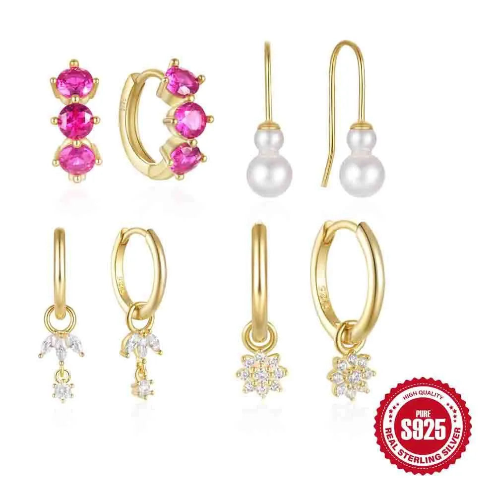 S925 sterling silver sunflower earrings with golden three diamond zircon inlay