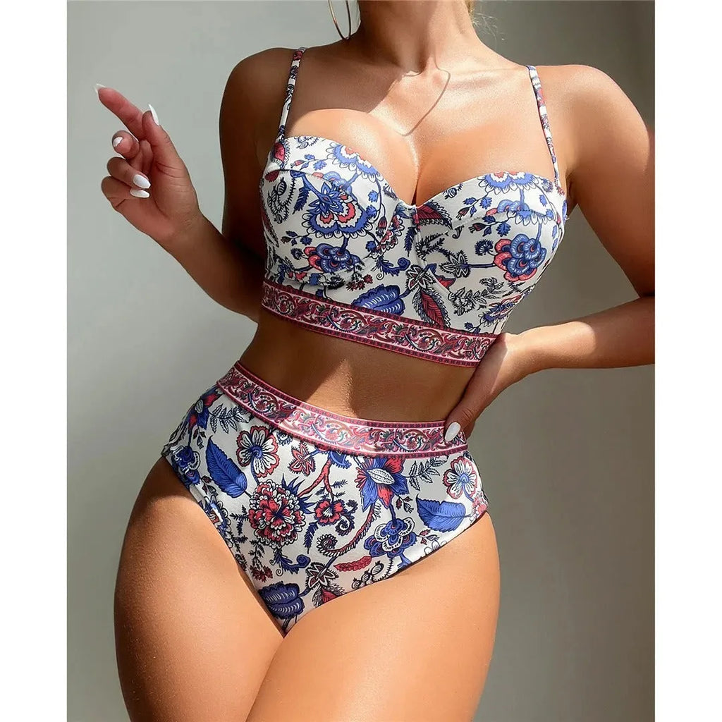 Blue women's high waist push-up polyester bikini swimsuit for swimming and wading