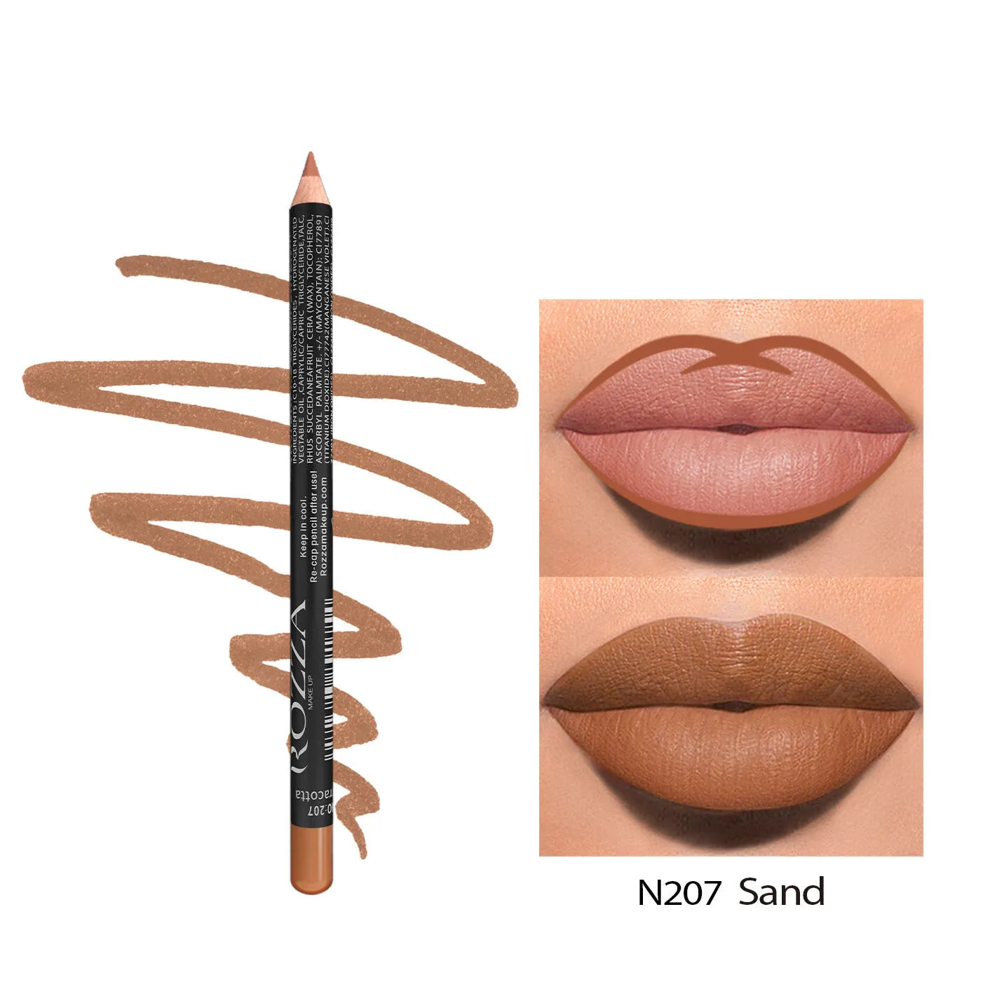 Wood-cased waterproof matte lip liner pencil shown in one of 14 available colour shades.
