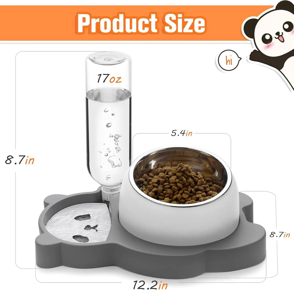 Raised cat bowl set with automatic water dispenser bottle in panda design