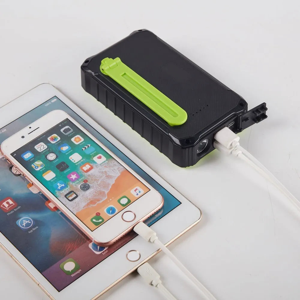 Hand solar mobile power bank 12000mAh orange green dual USB LED lamp