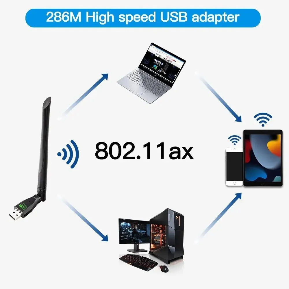 Black USB WiFi6 wireless network card dongle with driver-free installation