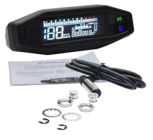 Black motorcycle mini speedometer with LCD display showing digital readouts and oil monitoring indicator