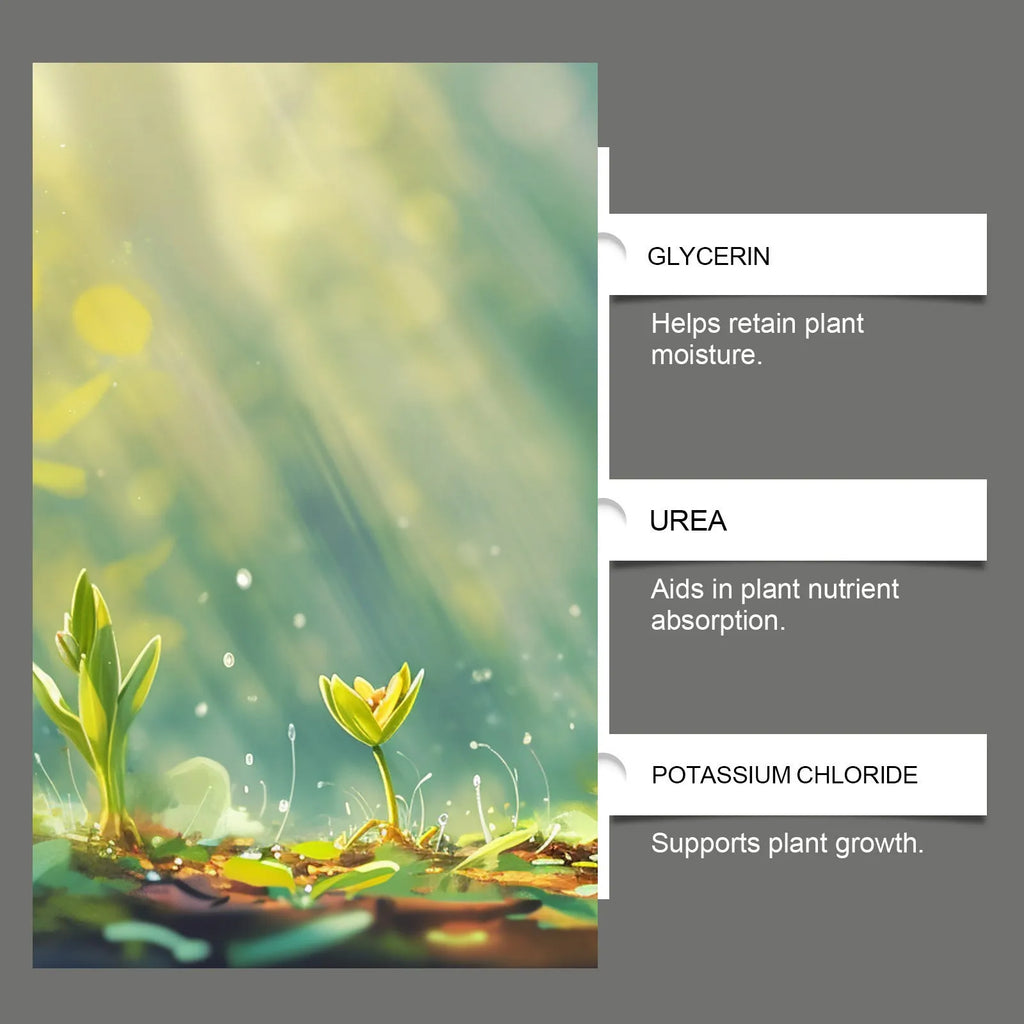 Plant Growth Boost 120ml plant nutrition spray bottle with ingredients listed: water, glycerin, urea, 1,2-hexanediol, potassium chloride