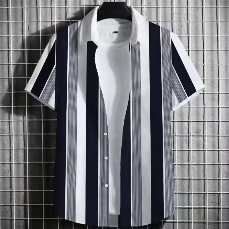 Men's simple striped linen t-shirt with 3D printing, shown in available colours and sizes.