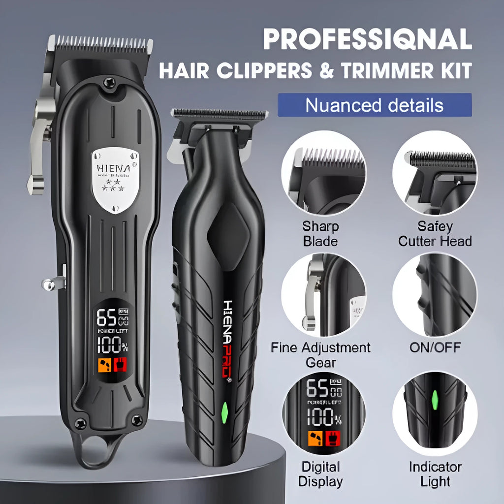 Professional hair clipper set with LCD display and adjustable cutting length in black