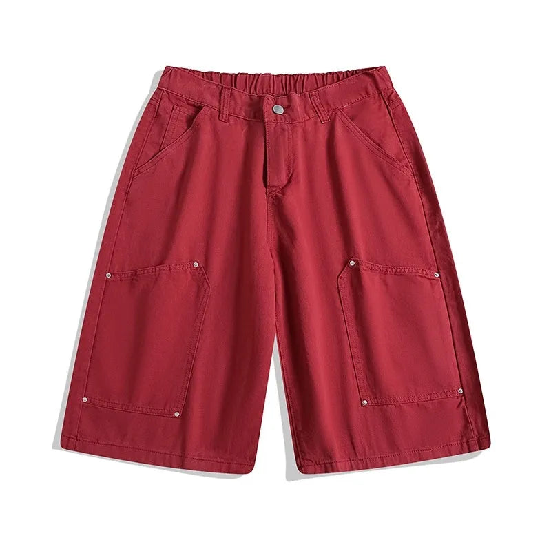 Women's workwear rivet cropped wide-leg shorts in apricot with loose fit and mid-waist design