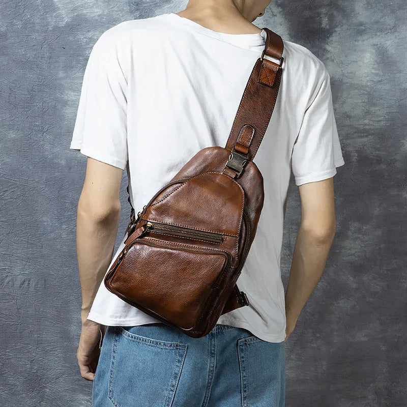 Men's genuine leather chest crossbody messenger bag retro hand-rubbed finish 8-inch black colour
