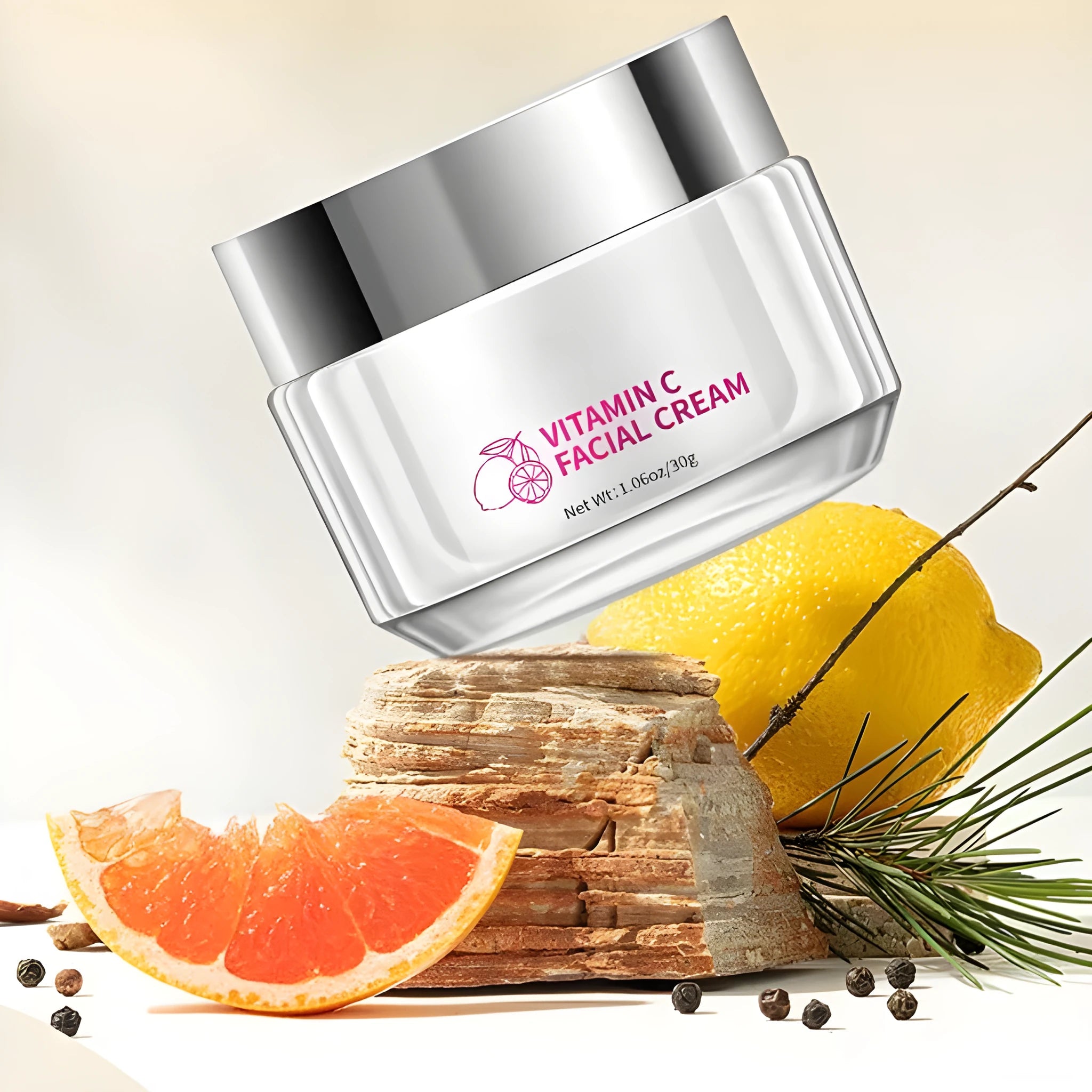 30g vitamin C face cream in glass jar with dimensions 6x6x5.2cm