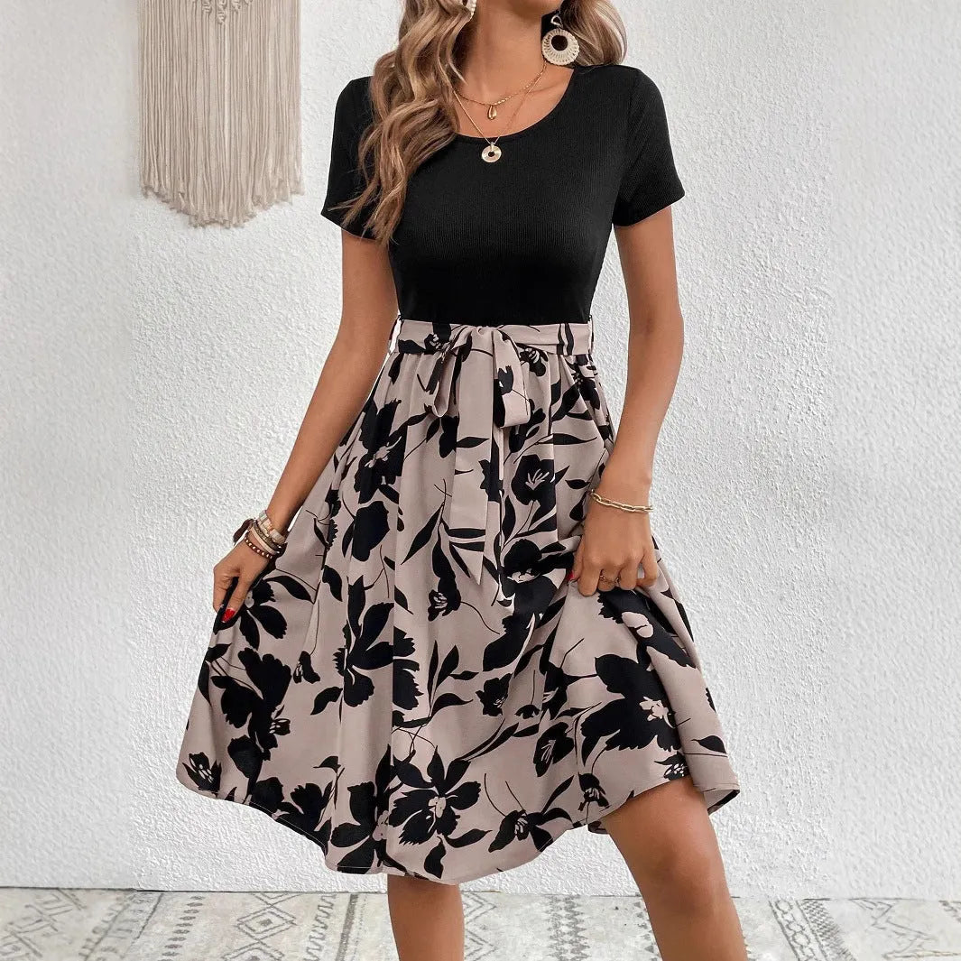 Women's printed A-line dress with lace-up design and shoulder straps in khaki colour