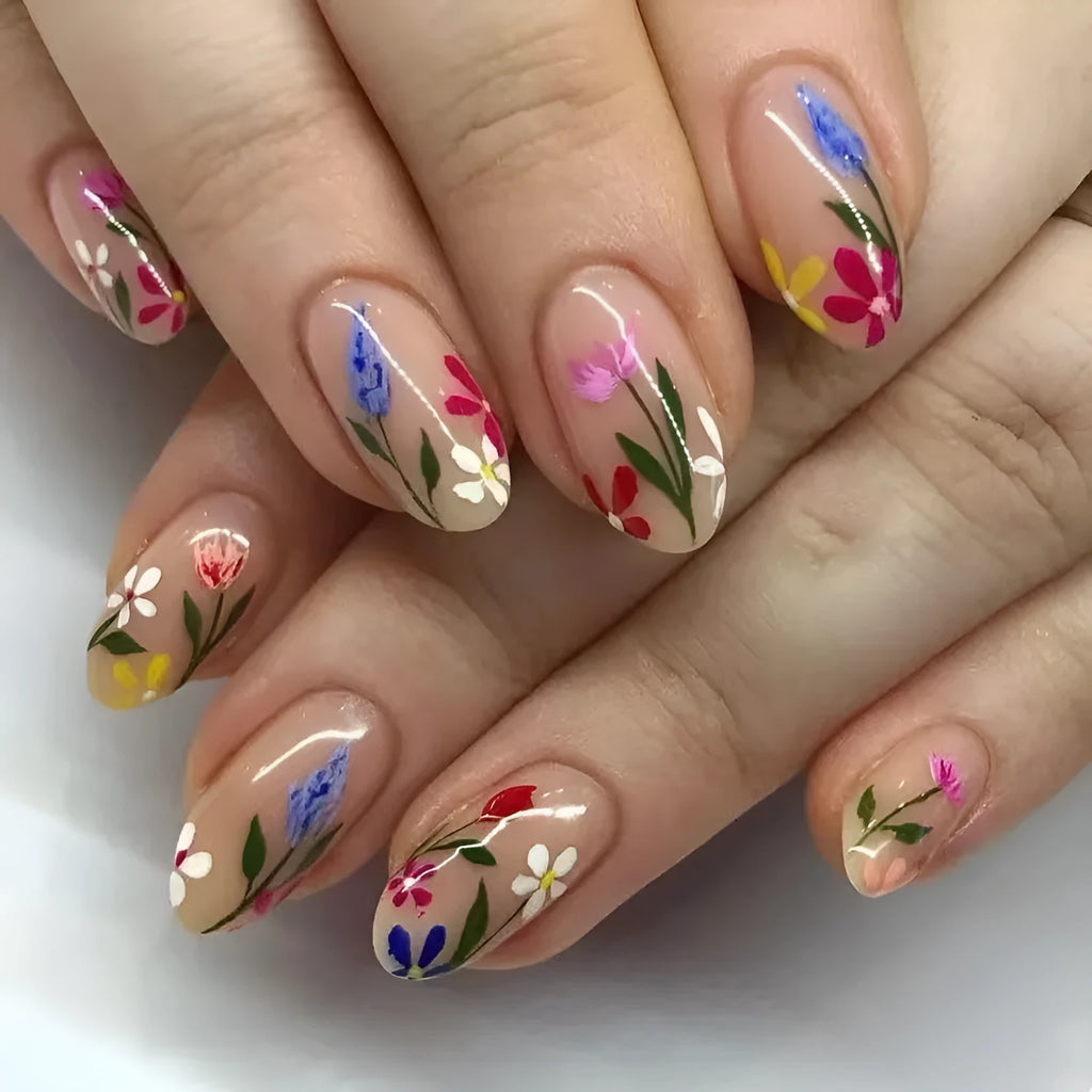 Almond-shaped removable flower nail art set with rose pattern in solid colour base, available with bare strip or jelly glue accessories