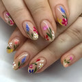 Almond-shaped removable flower nail art set with rose pattern in solid colour base, available with bare strip or jelly glue accessories
