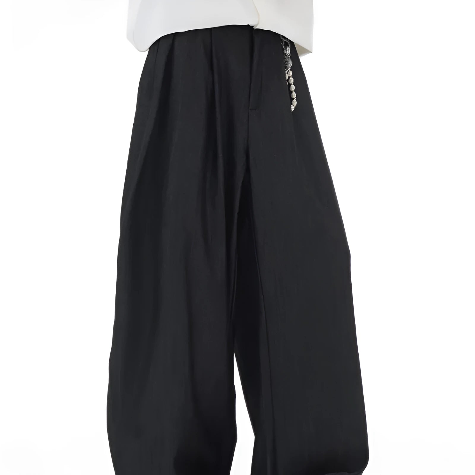 American retro texture high intelligence machete suit pants in black, regular fit, side view